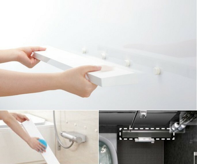 簡単に壁から外して、まる洗いできます。ボトルなどが手元にたっぷり置けるスリムカウンター。壁からの張り出しが少ないので（奥行97mm）、洗い場を広く使えます。