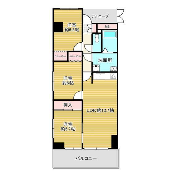 間取り図 内法19.93坪、バルコニー3.38坪の3LDKです。収納スペースが確保でき、ご家族様専用の部屋を作れる間取りです。角部屋の為、隣り合う住戸との騒音問題が少なくなり、風通しもいいです。