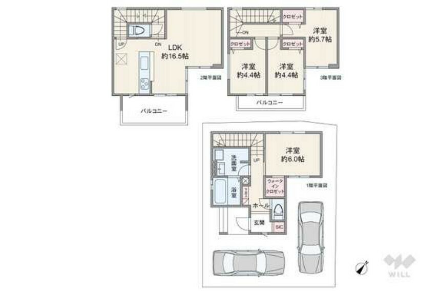 間取り図 こちらの物件は4LDKで3階建てのプランとなっております。2階部分のLDKは約16.5帖。3階の居室へはリビングを通る造りです。駐車スペースは普通車2台駐車可能の広さ。1階部分にWICがあります。