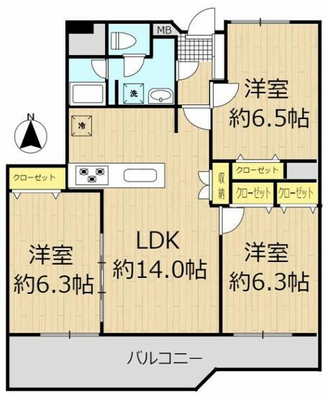 間取り図 間取り3LDK、専有面積70.52m2、バルコニー面積12.70m2