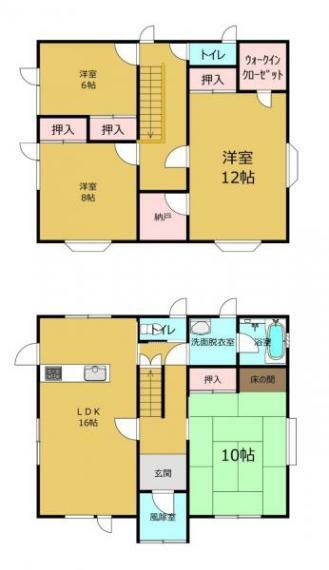 【間取図】1階は、16帖LDKと10帖和室と水回り、2階は、12帖洋室と8帖洋室と6帖洋室の4LDKの住宅です。