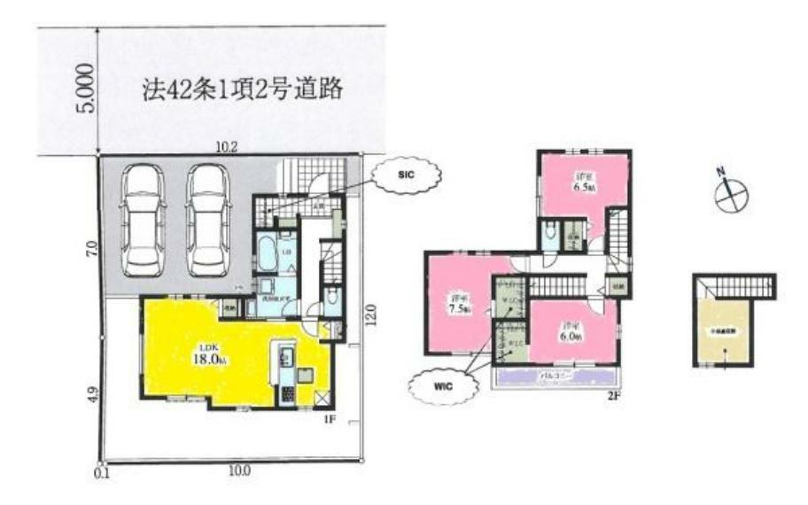 間取り図 ゆとりある敷地に快適な動線の良い3LDK！ 家族が集う18帖リビングには会話が弾むカウンターキッチン！ 2WAY洗面スペースは家事を快適サポート！