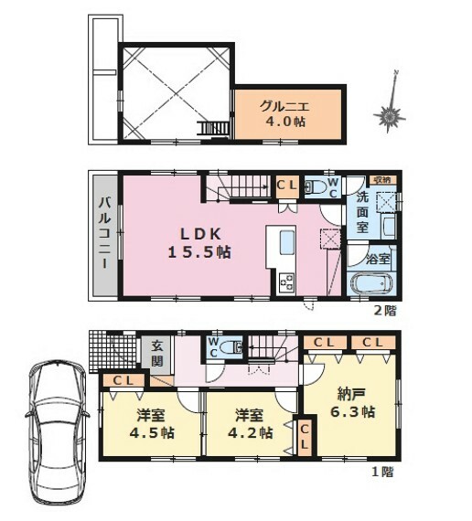 間取り図 ■建物面積:74.88平米の2階建て3LDKタイプ＋小屋裏収納付き■住空間のゆったりとした2LDKタイプへも変更できるフレキシブルタイプ