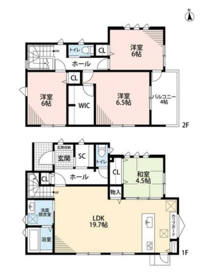 間取り図 4LDKとウォークインクローゼットでゆとりのある暮らしが実現。2階は洋室が3部屋あるので、お子様が大きくなっても安心ですね＾＾