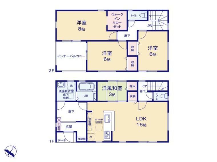 間取り図 広いLDK16帖はご家族の共有スペース。 2階3部屋は全室6帖以上のゆとりある間取りでご家族それぞれのお時間も大切に出来ます。