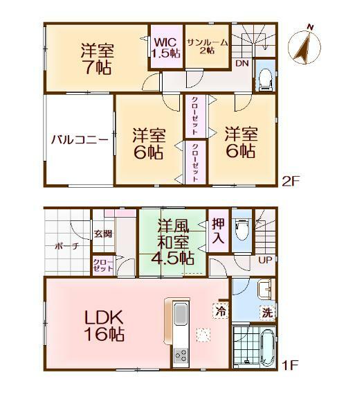 間取り図 LDK16帖・全洋室6帖以上・サンルーム・浴室暖房乾燥機・南向きバルコニー