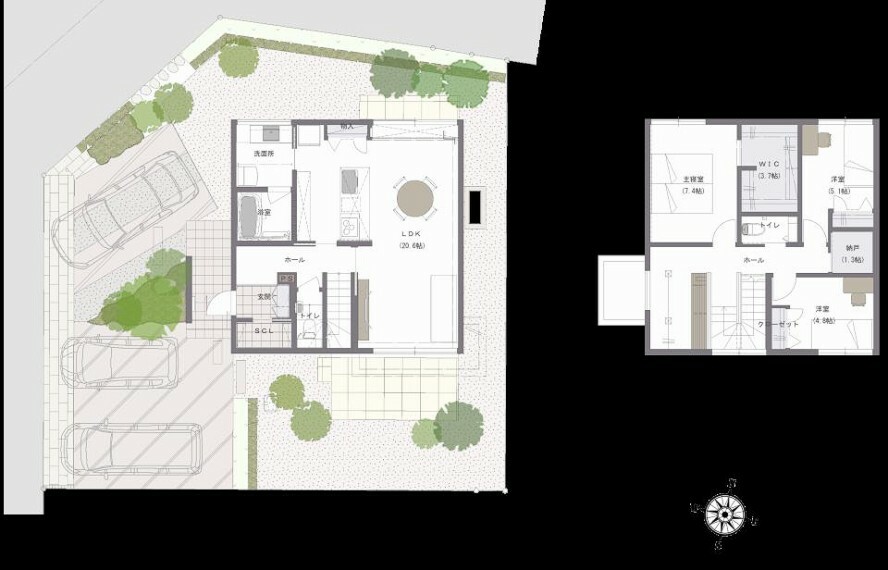 間取り図 2-1号地南北に開口を設け、心地よい風と光を感じられるLDK空間。2階のカウンター付きランドリースペースでは、洗濯物を干す・畳む・しまうをワンフロアで完結。