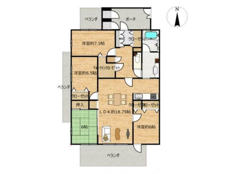 【間取図】洋室3部屋、和室1部屋の4LDKの間取りです。居室は寝室や収納部屋などご家族に合った使い方ができます。