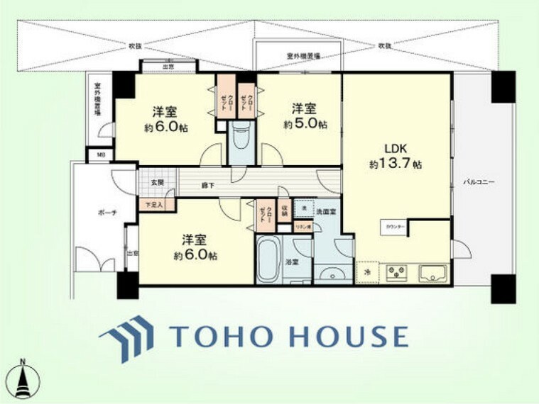 間取り図 3LDK＋リネン庫　専有面積67.52平米、バルコニー面積12.67平米