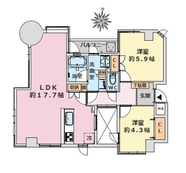 間取り図 ■8階建て4階部分の3方角住戸で陽当り・通風良好■専有面積:65.28平米の2LDK