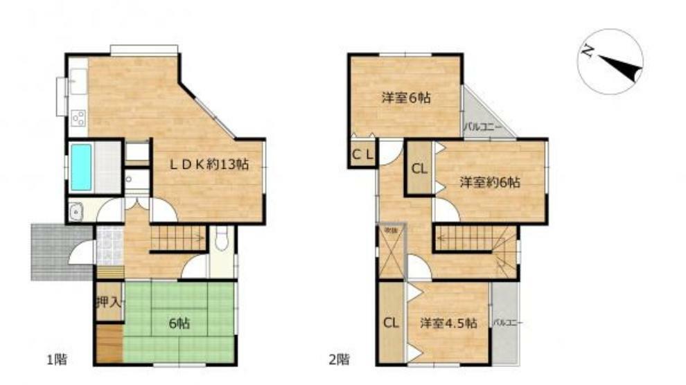 間取り図 【間取り】南向き4LDKのお家です。4LDKと十分な部屋数があり、全居室に収納がございますので、ご家族でも住みやすい住宅ですよ。