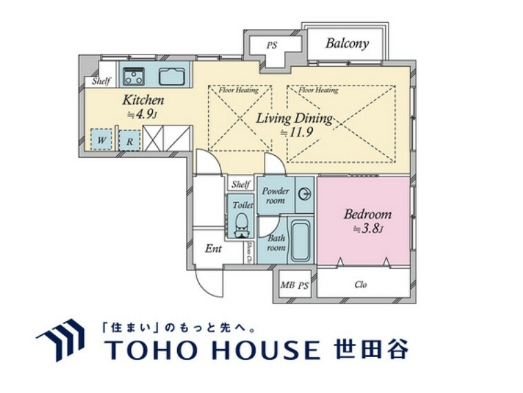 間取り図 1LDK、専有面積48.88m2、バルコニー面積2.4m2 （家具・装飾品は販売対象に含まれておりません）