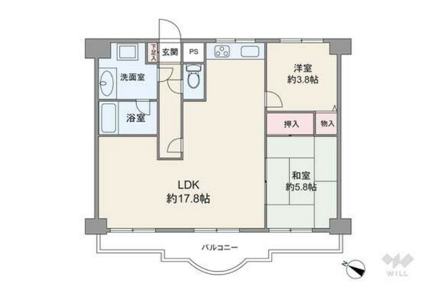 間取り図 間取りは専有面積58.22平米の2LDK。バルコニー面積は11.09平米です。