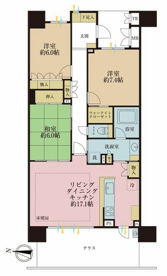 間取り図 3LDK、専有面積87.22平米、テラス面積16.7平米