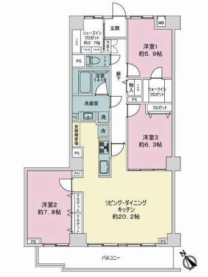 ライオンズマンション湘南藤沢(3LDK) 2階の間取り