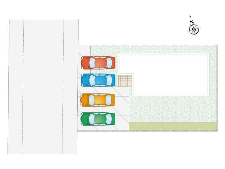 区画図 駐車場　並列ゆったり3台以上可能です。 60坪の敷地がより物件の特徴である明るさ陽当たりの良さを引き立たせてくれますね。また、自慢の駐車スペースは並列で4台お停めいただけます。