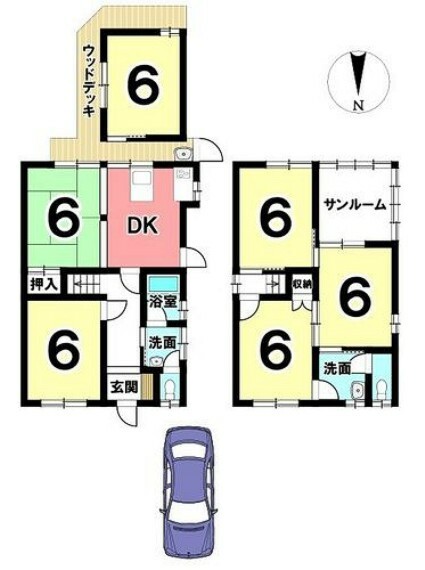 間取り図 全室6帖以上、6DKの大型住宅。駐車スペースもございます。