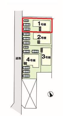 【1号棟区画図】土地面積149.38平米（45.18坪）・駐車3台可能（車種によります）