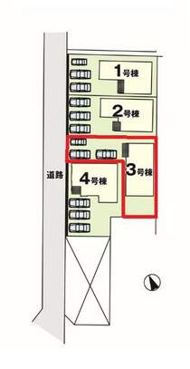 【3号棟区画図】土地面積162.74平米（49.22坪）・駐車3台可能（車種によります）
