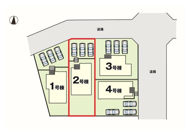 区画図 【2号棟区画図】土地面積207.35平米（62.72坪）・駐車3台可能（車種によります）