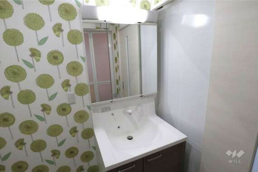 脱衣場 洗面室。鏡後ろの収納が豊富です。コンセントがあり、身支度に便利です。キッチンにもアクセス可能！