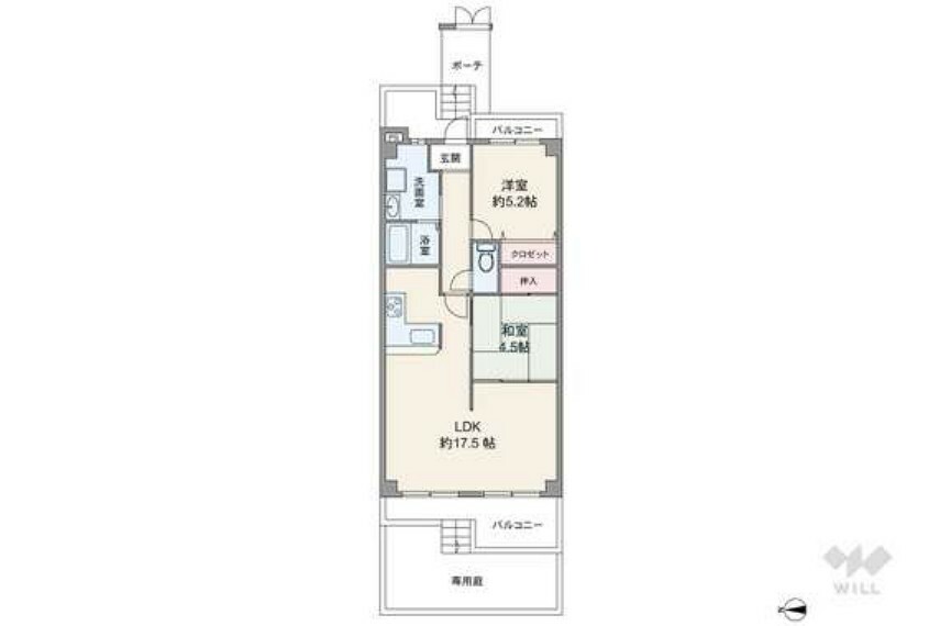 間取り図 間取りは専有面積62.04平米の2LDK。LDK約17.5帖のプラン。バルコニー面積は12.42平米です。