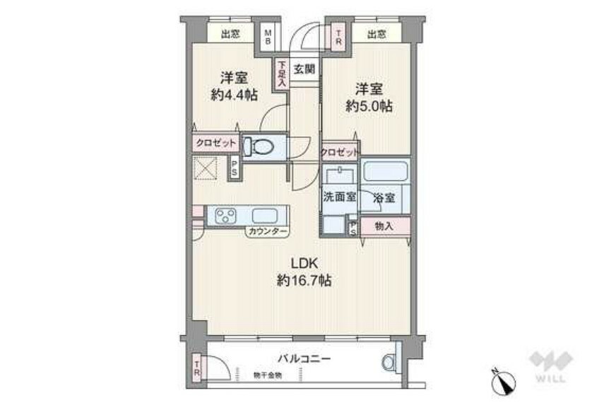 間取りは専有面積56平米の2LDK。バルコニー面積は8.47平米です。