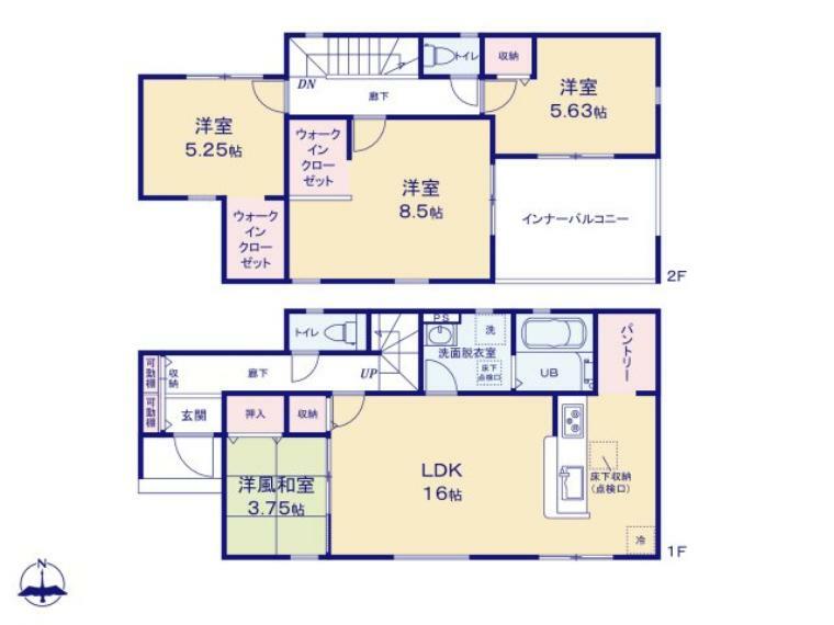 間取り図 全室南向きの陽当たり良好な住宅です。 主寝室広々8.5帖です。WIC×2、パントリー有ります。