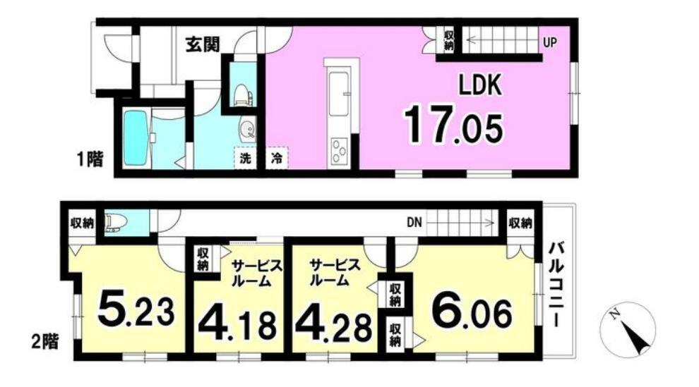 間取り図 LDKは17.05帖リビング階段で家族と自然と顔が合わせられる設計になっています