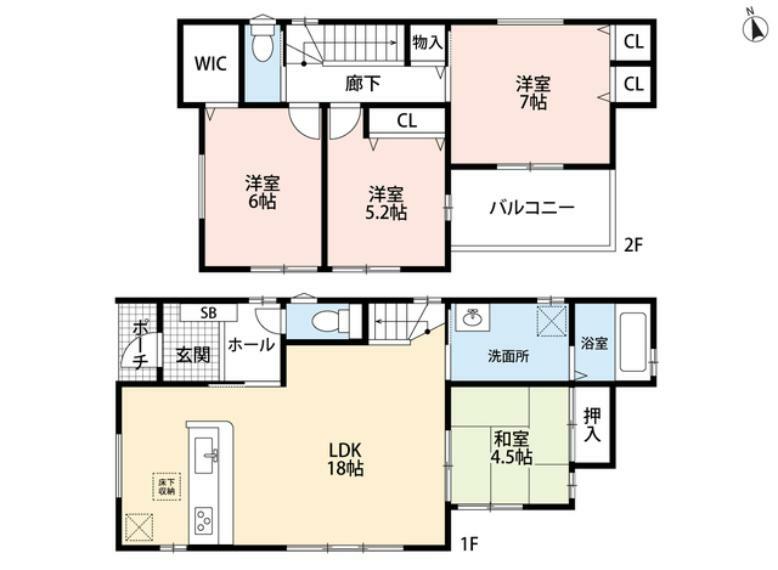 間取り図 18帖のLDKに和室が隣接しており、小さいお子さまのお世話やゲストルームなど重宝する間取り＾＾全居室南向き、リビング階段です。