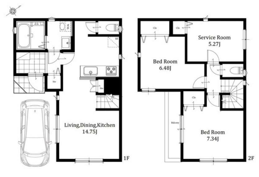 間取り図 1号棟: LDKと居住スペースの階層を分けることでプライバシーにも配慮した設計全居室収納付きでお部屋をすっきりご使用いただけますカースペースは1台（小型車のみ）を確保しております