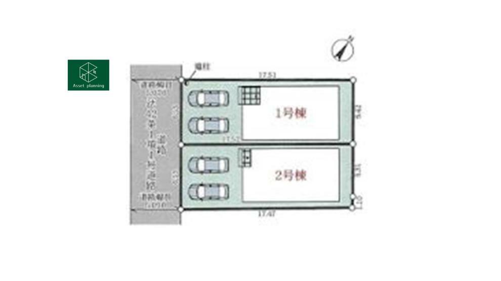 区画図 区画の全体図です。 前面道路は5mあり車の出し入れがスムーズです。 各棟並列駐車で2台分の駐車スペースがございます。