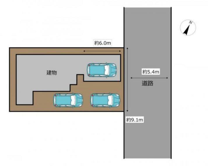 区画図 【区画図】お車はサイズによって、このように3台駐車可能です。車庫がありますので、雨雪の時も安心ですね。