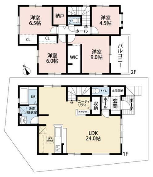 間取り図 24帖の広々LDKにユーティリティスペースやリビング階段など生活がしやすい間取りです＾＾2階には独立型の納戸やWIC付き寝室など、収納面もしっかり＾＾