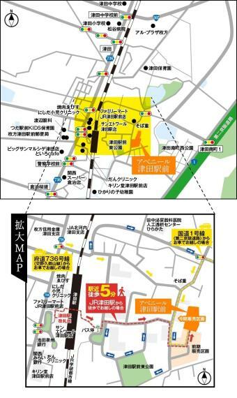 【現地案内図】<BR/>JR学研都市線「津田」駅まで徒歩5～7分！コンビニやスーパー、ドラッグストアなどの買物施設が徒歩10分圏内に揃い、生活利便性の高い立地です。