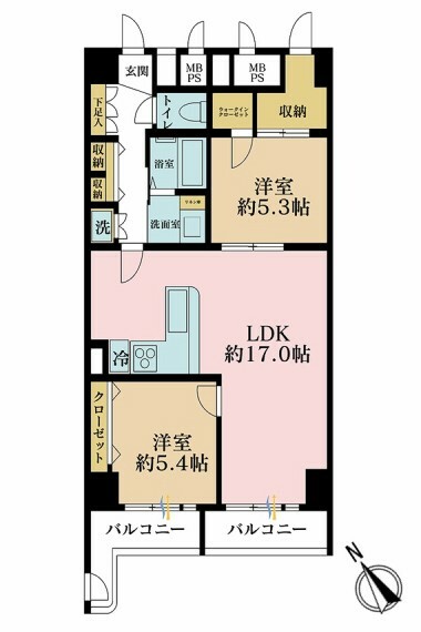 間取り図 2LDK＋S（納戸）、専有面積71.38m2、バルコニー面積11.21m2