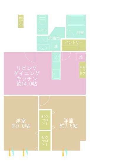 間取り図 2LDK、専有面積65.87m2、バルコニー面積7.68m2