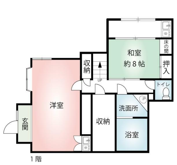 間取り図 1階はアトリエや教室ができる洋間や 日本家屋ならではの床の間や廊下があります。