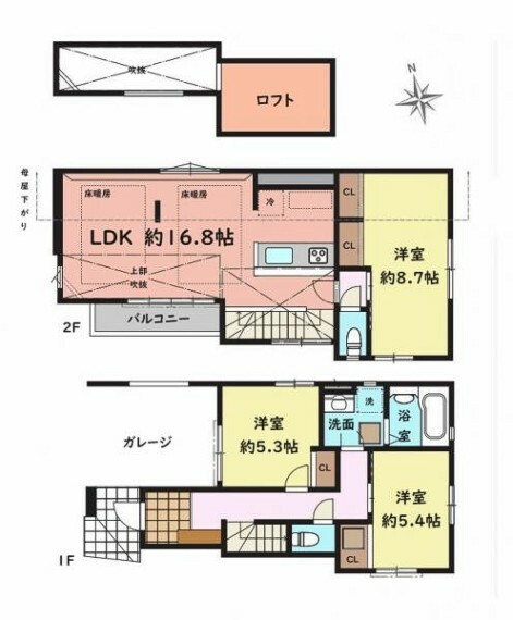 間取り図 ■建物面積:97.95平米の2階建て3LDK＋ロフト