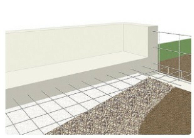 構造・工法・仕様 【「鉄筋入りコンクリートベタ基礎」を標準採用】　ベタ基礎は地面全体を基礎で覆うため、建物の加重を分散して地面に伝えることができ、不動沈下に対する耐久性や耐震性を向上することができます。又、床下全面がコンクリートになるので防湿対策にもなります。