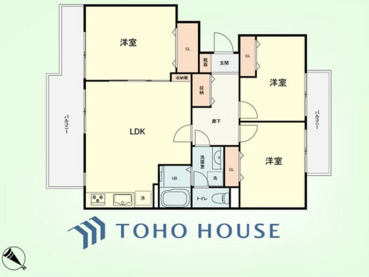 3LDK　専有面積68.80平米、バルコニー面積14.67平米