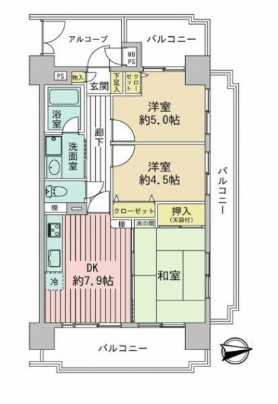 間取り図 3面バルコニー・3面採光・角部屋につき陽当たり・通風良好！カーテン・エアコン3基・照明全室付いているので、引っ越し後すぐ快適に過ごせます！