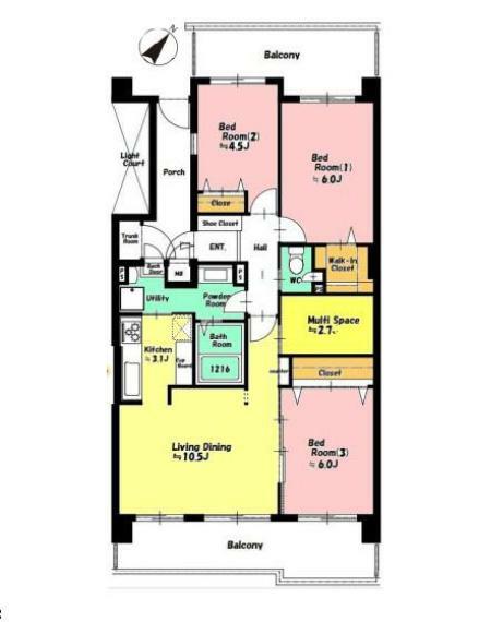 間取り図 太陽の光と心地よい風の通る5階のお部屋です ～バルコニーが2カ所有り開放的です