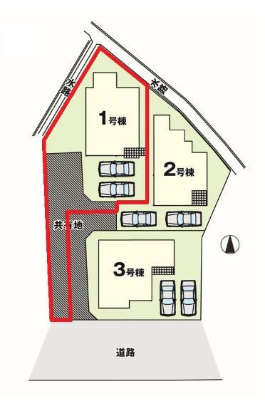 区画図 【1号棟区画図】土地面積212.50平米（64.28坪）・駐車2台可能（車種によります）