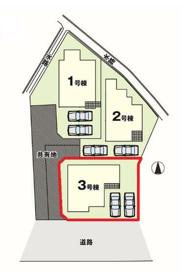 【3号棟区画図】土地面積145.23平米（43.93坪）・駐車2台可能（車種によります）