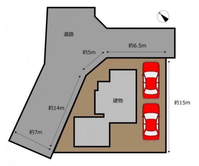 区画図 【配置図】北西角地です。駐車場は北東側接道から駐車2台可能です。