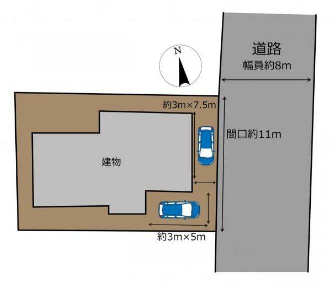 区画図 【敷地図】東側幅員約4mの公道に接道しております。駐車場は普通車2台可能にリフォームしました。