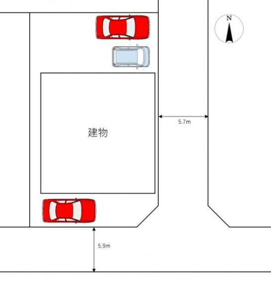 区画図 【区画図】角地のおうちになります。南側に道路もありますので日当たり良好です。駐車場は普通車2台、軽自動車1台の合計3台停められるスペースがあります。