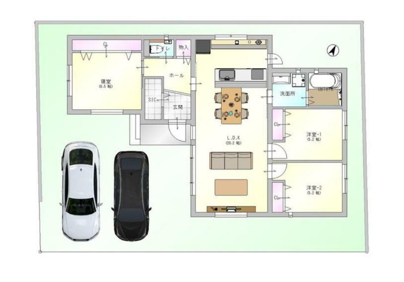 区画図 【建築プラン例】土地価格:1、598万円/建物価格:2、600円・建物面積83.71m2（平屋、3LDK）・設計・外構工事費用などが含まれる本体価格（税込み）です。