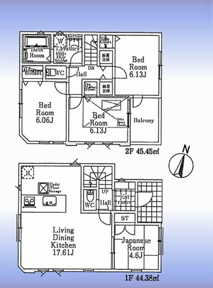 間取り図 間取図:対面キッチン付LDK＆和室2階に風呂＆洗面、6帖以上の洋室3室南東向き2way開口バルコニー